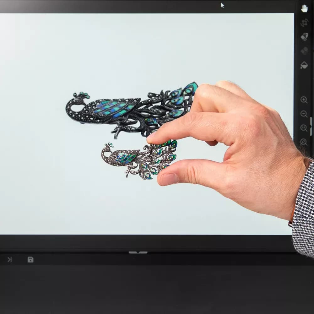 Mão segurando joias na frente de uma tela com o software Orbitvu